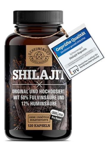 Shilajit Original Kapseln -WICHTIG: 1000mg Hochdosiert pro Dosis I Reines Mumijo Shilajit aus dem Himalaya I 50% Fulvinsäure +12% Huminsäure I Laborgeprüft -DE- SCHEUNENGUT®