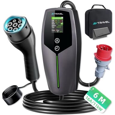 EVTRAVEL Mobile Wallbox/Ladestation 11KW Typ 2 Ladekabel [3-phasig|8-16A], Auto EV Ladegerät Ladekabel Typ 2 auf CEE 16A Stecke, Zeitfunktion & IP65 Wasserdicht, für EV PHEV IEC 62196-2 (11KW, 6M)