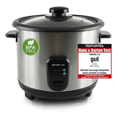 EMERIO automatischer Eco Reiskocher | 1.5L Volumen | Warmhaltefunktion | Auto Off | Antihaftbeschichtung | Glasdeckel | inkl Reislöffel + Messbecher | Schongarer | 500 Watt | Edelstahl | RCE-110118.5