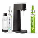 Sparpaket: Mysoda Woody - Wassersprudler aus erneuerbarem Holzkomposit mit 1L BPA-freier Plastikflasche, CO2-Zylinder Classic + CO2-Zylinder Limette (Schwarz)