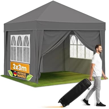 NATURIZ® Pavillon 3x3 Wasserdicht Stabil Winterfest und UV 50+ Schutz - Faltpavillon mit Seitenwänden - Pop Up Zelt für Garten, Camping, Märkte - Gartenpavillon (Grau, 3x3m)