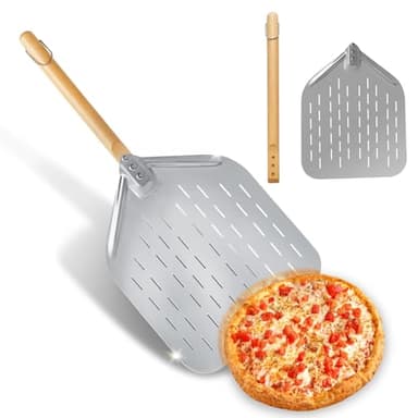 Aurinovellia Pizzaschieber Perforiert, Pizzaschaufel mit Großer Fläche, Pizza schieber mit Abnehmbarem Griff, Pizzaschaufel aus Edelstahl für Selbstgebackenes Pizzabrot, 39×30.5cm, 74cm Insgesamt