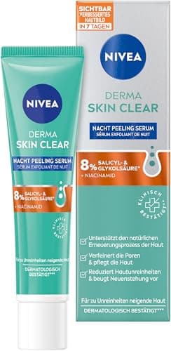 NIVEA Derma Skin Clear Nacht Peeling Serum, Gesichtspflege für ein sichtbar verbessertes Hautbild, porenverfeinerndes Niacinamide Serum Peeling mit AHA & BHA (40 ml)