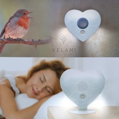 Zwitscher Naturgeräusche Box mit Bewegungsmelder - 18 brillante Klänge, Timer 2–120 Min. für Entspannung im Gäste WC, Vogelgezwitscher Box – VELANI Prestige (Pastell-Blau, Herz)