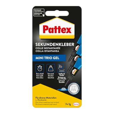 Pattex Sekundenkleber Ultra Gel Mini Trio, extra starker & flexibler Superkleber in 3 Tuben, Sekundenkleber Gel für z. B. Gummi, Leder, Holz, 3x 1 g Tube, 9H PSMG3