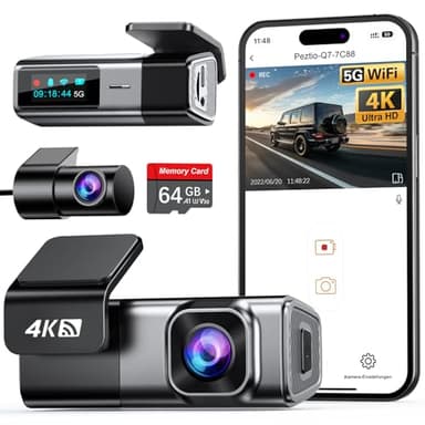 Dashcam Auto Vorne Hinten 4K+1080P, Navycrest 5GHz WiFi Dash Cam mit 64GB SD Karte, Dual Auto Kamera mit Super Nachtsicht, WDR, G-Sensor, 24/7 Parküberwachung, Loop-Aufnahme, APP Steuerung, Max 256G