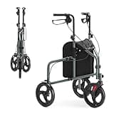 HEAO Dreirad Rollator schmal für Wohnung, Aluminium Rollator mit 3 Rädern,faltbar Gelände-Rollator,leicht Gehwagen Gehhilfe mit abnehmbarer Tasche für drinnen und draußen,Grau