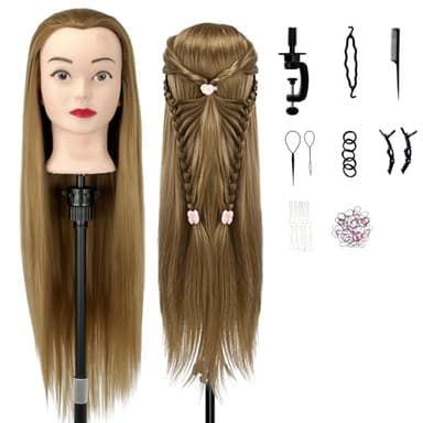Aofadaning Trainingsköpfe 100% von dem Hochtemperaturfaser Haar 28zoll Trainingskopf für Frisöre with stand DIY Haare Frisuren Set (Gold（Farbe）)