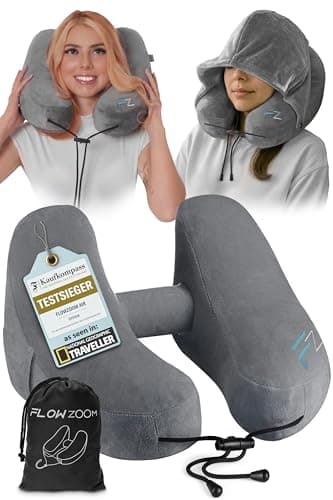 FLOWZOOM Air Nackenkissen Flugzeug in H-Design, Reisekissen für 5 Schlafpositionen, schnell aufblasbar & druckregulierbar, Nackenhörnchen mit Abnehmbarer Kapuze & Plüschbezug - Größe M, Grau