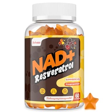 NAD+ Resveratrol Gummis 1310 mg, Hochdosierte Formel mit TMG, Hydrolysiertem Meereskollagen und Schwarzem Pfefferextrakt, NAD-Ergänzung, Orangengeschmack, 60 Gummis
