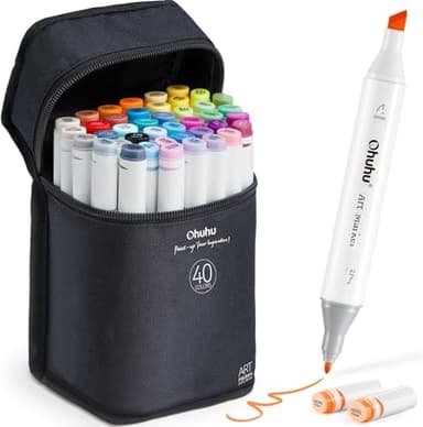 Ohuhu Alkohol Marker – 40 Farben mit Breit & Feinspitze Doppelspitziges Profi-Set für Zeichnen Skizzieren & Illustrieren, AP-zertifiziert & nachfüllbar