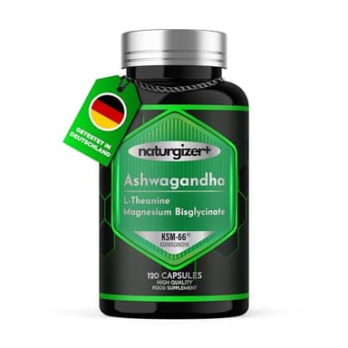 Ashwagandha KSM-66® mit L Theanin und Magnesium bisglycinat | Unterstützung für mentales Wohlbefinden und klare Ruhe ohne Müdigkeit | 100% natürlich | 120 vegane Kapseln | Naturgizer+