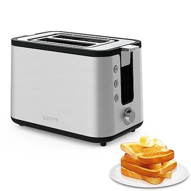 Krups KH442D Control Line Premium Toaster, Edelstahl, 2 kurze Schlitze für 2 Scheiben, Brötchenaufsatz, 6 Bräunungsgrade, 850 W, 23.6 x 32.4 x 20.2 cm, Silber/ Schwarz