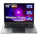 16-Zoll-Laptop, tragbarer Laptop mit 8 GB DDR und 256 GB SSD, erweiterbar auf 1 TB. Pentium-Quad-Core-Prozessor bis zu 2,64 GHz. 9000-mAh-Akku. Mini-HDMI-Schnittstelle. Webcam. Schlanke Laptops
