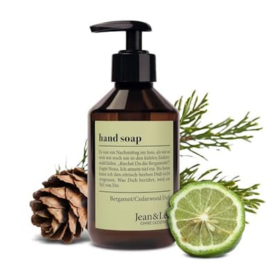 Jean & Len Handseife Bergamot & Cedarwood, reinigt beanspruchte Hände, für die tägliche Anwendung geeignet, Flüssigseife im Pumpspender, erfrischend-zitrischer Duft, vegan, 250 ml