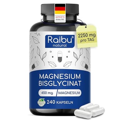 Magnesiumbisglycinat Kapseln - 450 mg elementares Magnesium pro Tag - 240 Kapseln, hochdosiert - hohe Bioverfügbarkeit & Premium chelatiertes Magnesium - 100% vegan, bis zu 4 Monate Vorrat