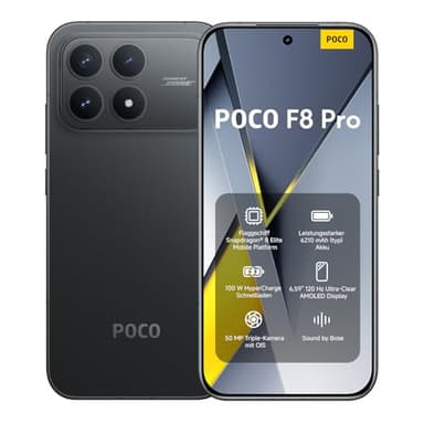 XIAOMI Poco F8 Pro, Smartphone 12+512 GB, 6.59" 120Hz AMOLED Display, 50MP Triple-Kamera mit 60mm Teleobjektiv, Sound by Bose, 6210mAh, Schwarz, 2 Jahre Garantie