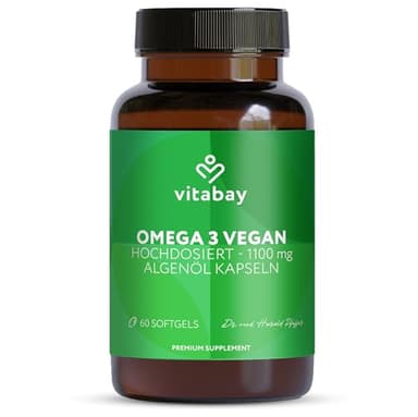 Vitabay Omega 3 Vegan 60 Kapseln mit 2000 mg Algenöl – hochdosiert mit DHA & EPA im 2:1 Verhältnis – Vorrat für 1 Monat