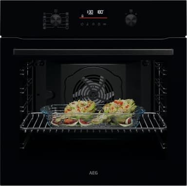 AEG Einbaubackofen, Serie 5 Ringheißluft: Gleichmäßige Garergebnisse auf 3 Ebenen, Pyrolyse Selbstreinigung, 45 Automatikprogramme, LED-Touchdisplay, Schnellaufheizung, Schwarz, TU5PB40WSK