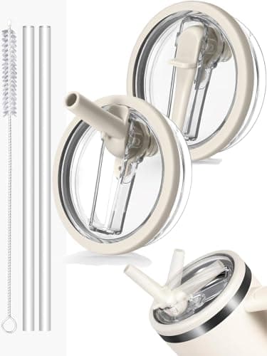 Linkgood 2 Stück für Stanley Cup Deckel Auslaufsicher - mit 2 Stück Trinkhalmen,1 Stück Strohhalm Bürste - Kompatibel Mit Stanley Quencher H2.0 40oz Cup - Perfekt für Fitnessstudio,Schule,Haus(Beige)