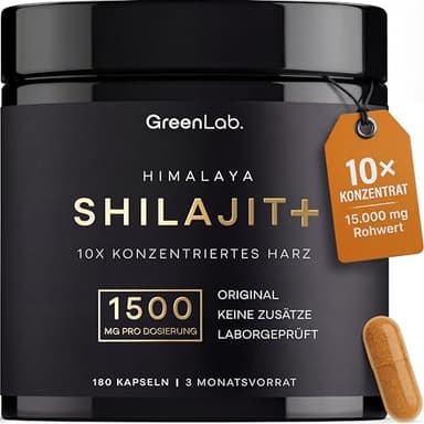GreenLab® Mumijo Shilajit Kapseln 1500 mg - Himalaya Shilajit Original Hochdosiert 180 Kapseln | Energie, Leistung & Vitalität | Vegan, Ohne Zusätze | 3 Monatsvorrat | Hergestellt & Laborgeprüft in DE
