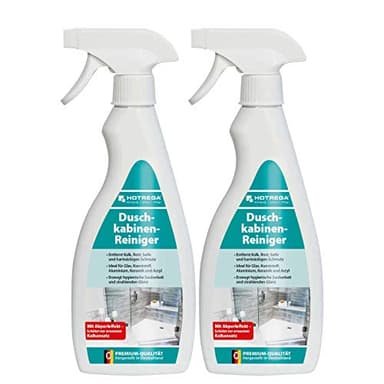 HOTREGA Duschkabinenreiniger 2x 500 ml | Kalkentferner löst selbst hartnäckigen Schmutz aus Seife & Kalk | Wirksam und schonend | Mit Abperleffekt