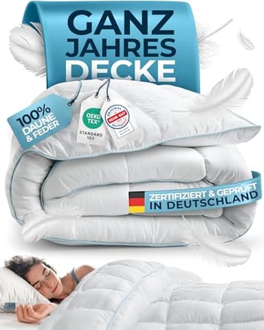Glückstoff® Feder- und Daunendecke 135x200cm [Zertifiziert in Deutschland] - Bettdecke Daunen und Federn - Federbettdecke Oberbett - Schlafdecke Zudecke Sommer & Winterdecke - Duvet (Ganzjahresdecke)