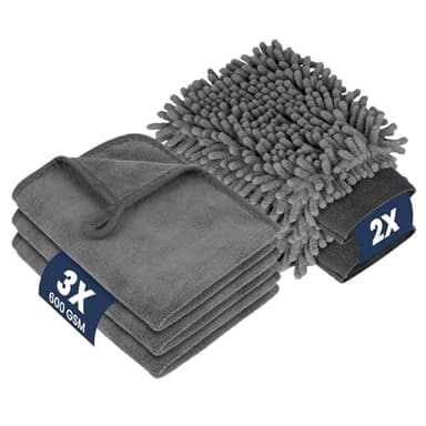flintronic Autopflege Set 5 Stück, mit 3 Trockentuch & 2 Waschhandschuh Auto, 600GSM Mikrofasertücher Auto, Poliertücher Trokentuch für Polieren Trocknen, Extra Saugstark Weich 40x30cm