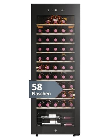 Haier Weinkühlschrank 50 SERIE 3 HWS58GGH1 I Weinklimaschrank für 58 Flaschen I Moderner Wine Fridge mit UV-Glastür & 10 Holzregalen I Wine Cooler mit Wi-Fi & Touch-Display I Vibrationsarme Lagerung