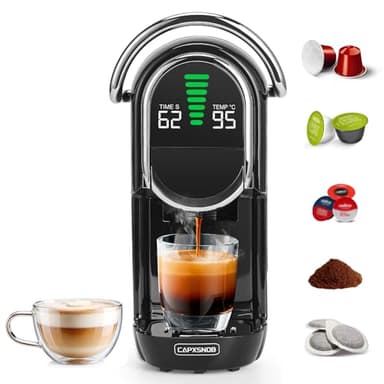 Magician1 Mini 5in1 Kapselmaschine für Nespresso, Dolce Gusto, Lavazza A Modo Mio, ESE Pad, Kaffeepulver, 20bar, 1450W, LED-Display, 7 Wasserstufen, Heiß-Kalt-Modus Kaffeemaschine für Zuhause und Büro