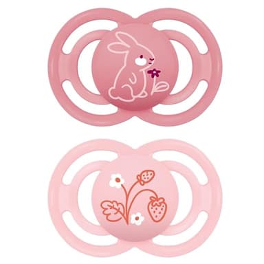 MAM Perfect Schnuller im 2er-Set, für eine gesunde Zahn- und Kieferentwicklung, Baby Schnuller aus nachhaltigen & bio-erneuerbaren Materialien, mit Schnullerbox, 6-16 Monate, Hase/Blume