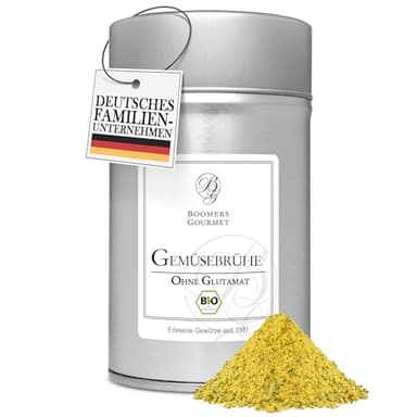 Boomers Gourmet - Bio Gemüsebrühe ohne Zusatzstoffe - Gemüsebrühe Pulver aus kontrolliert biologischem Anbau - Vegane natürliche Gemüsebrühe - Brühe Bio Qualität - Gewürzdose 11,cm - 150 g