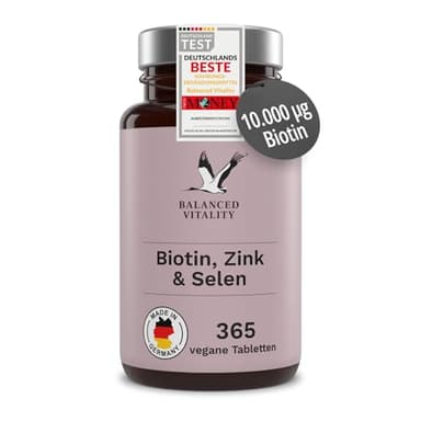 Biotin, Zink & Selen - 10000 µg Biotin, 10 mg Zink-Bisglycinat, 55 µg Selen - 365 vegane Tabletten - Haar-Vitamine im Jahresvorrat - für Haare, Haut & Nägel - ohne Zusatzstoffe - Balanced Vitality