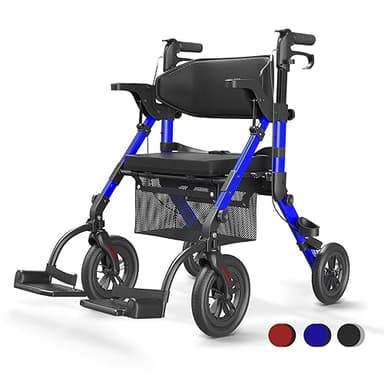 VOCIC 2 in 1 Rollstuhl Rollator Faltbar und Leicht mit Sitz,Outdoor Gummireifen für Allen Gelände,Leichtgewicht Rollatoren mit Netztasche,Aluminium Gehhilfer Transport-Stuhl,Blau (5 Jahre Garantie)