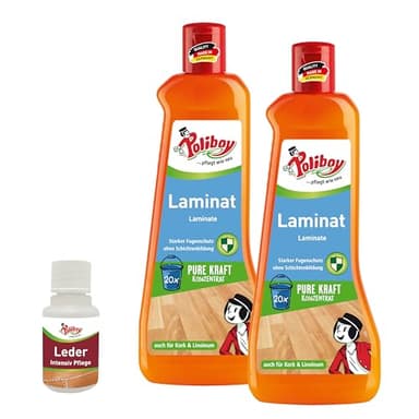 POLIBOY Laminat Reiniger - Bodenreiniger für Laminat, Linoleum und Kork - ergiebiges Reinigungskonzentrat mit Orangenduft - 2x 500 ml - inkl. Produktprobe - Made in Germany