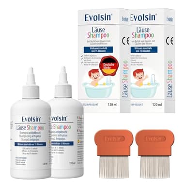 Evolsin® Läuseshampoo Doppelpack & 2 Läusekämmen für Erwachsene & Kinder ab 6 Monaten – bei Befall von Haaren mit Nissen & Kopfläusen – 240ml Läusemittel – wirkt in 15 Minuten