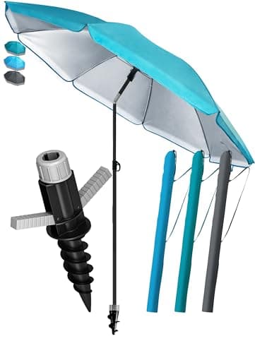 4smile Sonnenschirm Strand SunnyJoy Ø 200 cm, 3er Set - Strandschirm mit UV Schutz 50+, inkl. Sonnenschirm Schutzhülle und Bodenhülse - Strandschirm windfest stabil, Sonnenschutz Strand, Türkis
