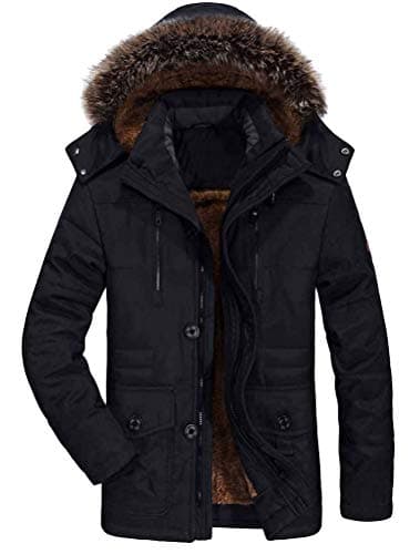 FTCayanz Herren Warme Winterjacke Parka Lang Wintermantel Mit Kunstfell Kapuze Outdoor Gefütterte Steppjacke Jacke Schwarz XL
