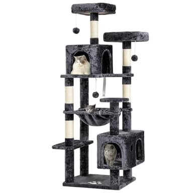 MSmask Kratzbaum groß, L Katzenbaum Stabil, Katzenkratzbaum mit 2 Plattformen, 2 Katzenhöhlen, Hängematte, Sisalsäulen, mehrstöckiger Kletterbaum für Katzen (Dunkelgrau, 160 cm)