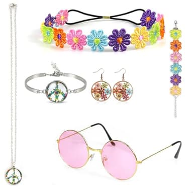 Oerphh 7 Stück 70er Hippie Flower Power Accessoires Hippie Kostüm Set mit Halskette,Ohrringe,Stirnband,Armband,Sonnenbrille,60er 70er Jahre Bekleidung Damen für Disco Party,Cosplay (Mehrfarbig-02)