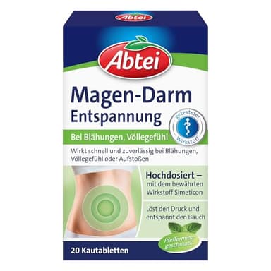 Abtei Magen Darm Entspannung - bei Blähungen, Völlegefühl und Aufstoßen - hochdosiert - mit Simeticon - Pfefferminzgeschmack - 1 x 20 Kautabletten