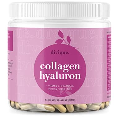 Divique Collagen Kapseln hochdosiert 270 Stk. - Kollagen Complex Typ 1, 2, 3, 5, 10 - Hyaluronsäure Kollagen Kapseln mit Hyaluron, Vitamin C, Biotin, Selen, Zink - 1500mg Kollagen Hydrolysat