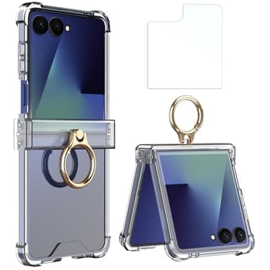 Simpeak Hülle Kompatibel mit Samsung Galaxy Z Flip 7 2025(Nicht für Flip 7 FE), Slim Case Kratzfest mit Displayschutzfolie, TPU Stoßfest Schützend Airbag Klapphülle mit Ring Videoständer, Clear