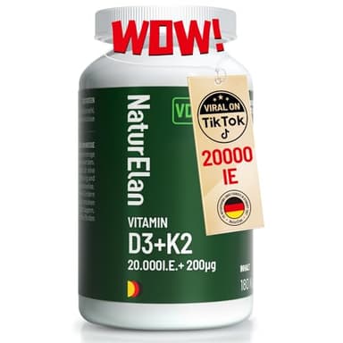 Vitamin d3 k2 hochdosiert 20000I.E. + Vitamin K2 MK7 200 mcg pro Dosis, 180 Vegetarisch Depot im Jahresvorrat, Ohne Zusätze, In Deutschland Produziert