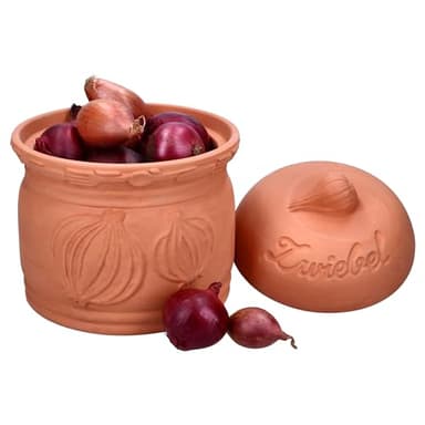 MamboCat Terra Zwiebeltopf aus Terrakotta I Ø 17,8cm I Tontopf mit Deckel für Ihre Küche I formschöne Aufbewahrungsdose mit Relief & Schriftzug I Ideal für die lange Lagerung