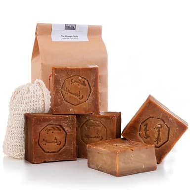 Natura Germania® Aleppo Seife 5x 60% Olivenöl, 40% Lorbeeröl + Sisal Seifensäckchen | - Haarseife, Naturseife, Duschseife | Handarbeit + Vegan