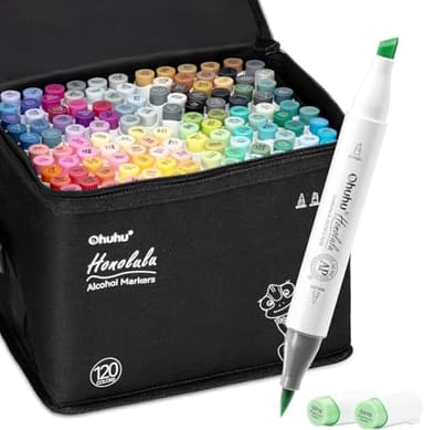 Ohuhu Alkohol Marker mit Pinselspitze: 120 Farben Doppelspitziges Künstlermarker-Set für Erwachsene zum Illustrieren und Kolorieren - Honolulu – Pinsel & Breitspitze – Nachfüllbar