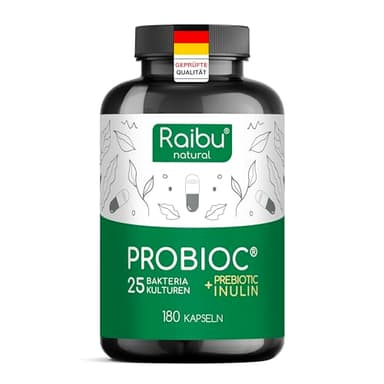 Probioc Kulturen Komplex - 25 Bakterienstämme + Inulin - 300 Mrd. KBE/g - 180 hochdosierte & magensaftresistente Kapseln - mit Lactobacillus & Bifidobakterien - Raibu