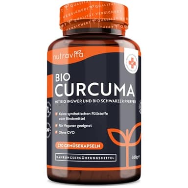 Bio Curcuma Kapseln mit Ingwer - 270 hochdosierte Kurkuma Kapseln - mit Bio Pfeffer (0,8 mg Piperin) - 231 mg reines Curcumin - Laborgeprüft in Deutschland - Vegan - Ohne Magnesiumstearat - Nutravita