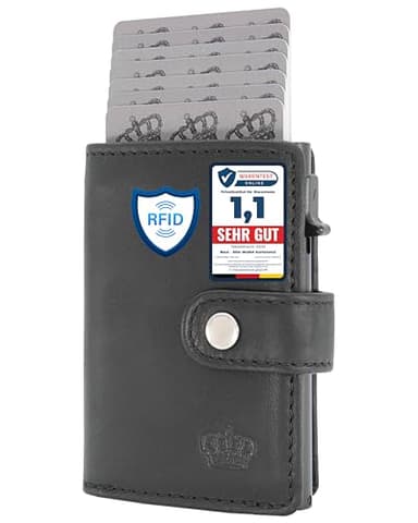 BAUR Slim Wallet mit Münzfach I Echtleder Kreditkartenetui für Herren I Aluminium Pop-Up Case mit RFID-Schutz I Smart Wallet I Kleine Geldbörse (Münzfach mit Reißverschluss, Schwarz)